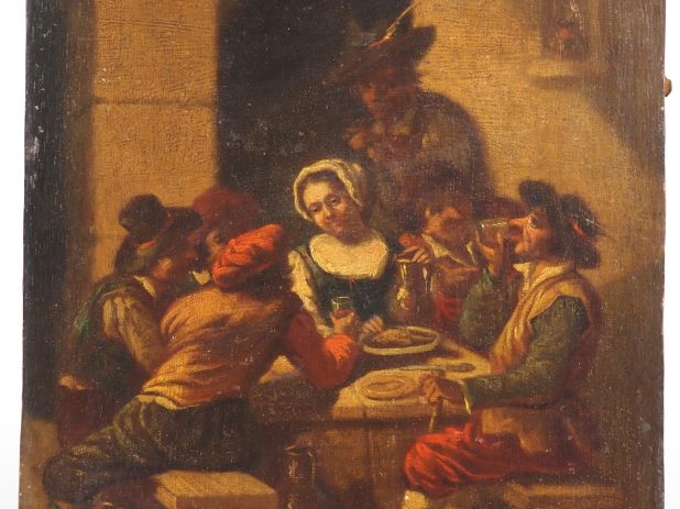 VAN HELMONT. Ecole flamande XVIIIème. "Scène d'auberge" Monogramée en 