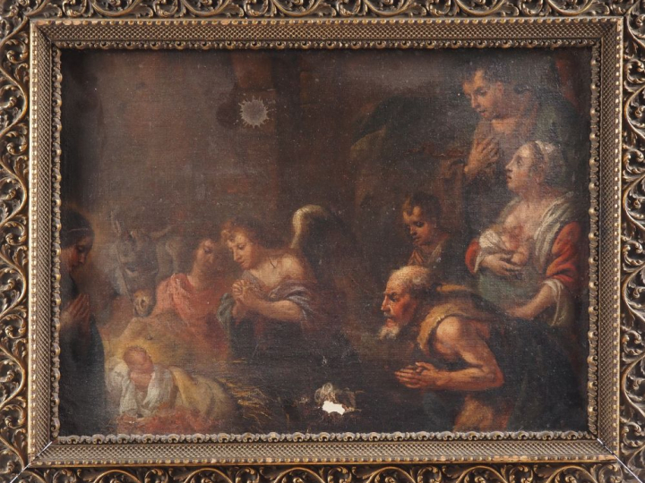 Ecole française XVIIIème. "La nativité". Huile sur toile marouflée sur