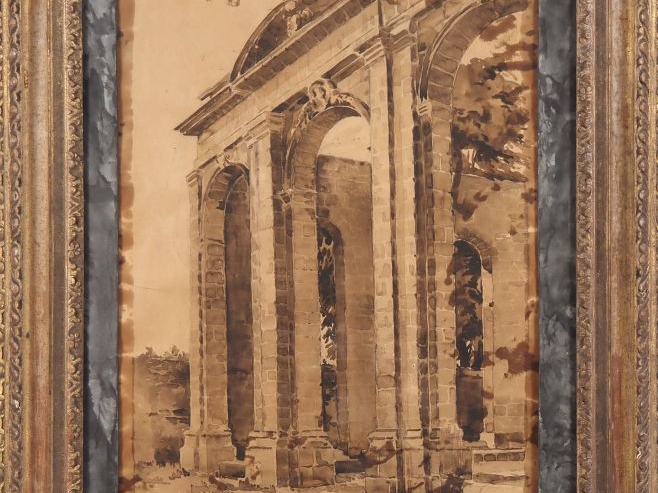 Ecole française fin XIXème début XXème. "Paysage aux ruines" Encre et 