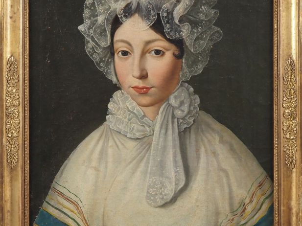Ecole française début XIXème. "Portrait de jeune fille au châle". Huil
