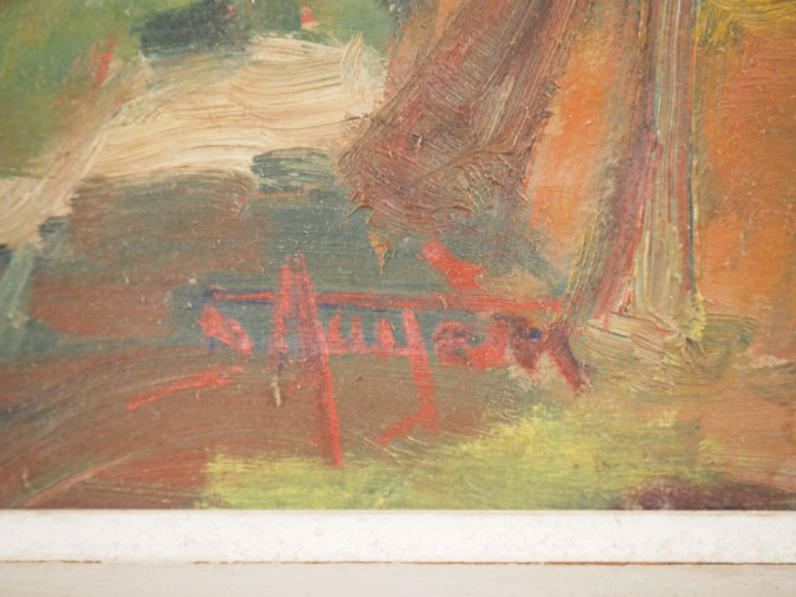 AUGERE. "Paysage animé exotique" Huile sur isorel, signée en bas à dro