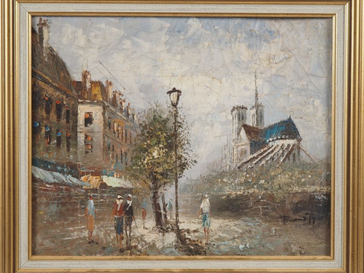 BARNETT. "Notre Dame vue depuis les bords de Seine". Huile sur toile, 