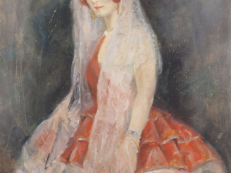 Vente aux enchères K.E BIORN. "Jeune femme à la mantille". Huile sur toile, signée en bas