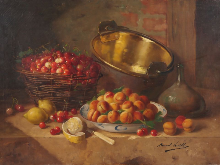 Alfred Arthur BRUNEL de NEUVILLE. "Nature morte aux fruits". Huile sur