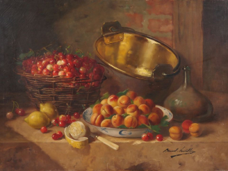 Vente aux enchères Alfred Arthur BRUNEL de NEUVILLE. "Nature morte aux fruits". Huile sur