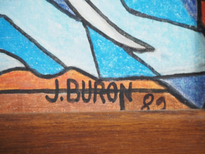 J. BURON. "nature morte cubisante » Huile sur toile, marouflée signée 