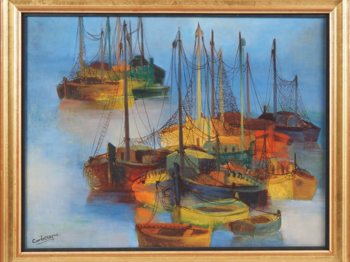 Jean CAMBEROQUE. "Les barques de pêche". Huile sur toile, signée en ba