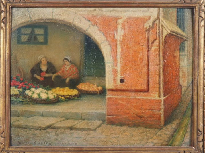 Georges CASTEX. "Marché aux fleurs à Collioure". Huile sur carton, sig