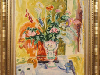 Vente aux enchères Jules CAVAILLES.  "Nature morte au bouquet"  Huile sur papier, signée 