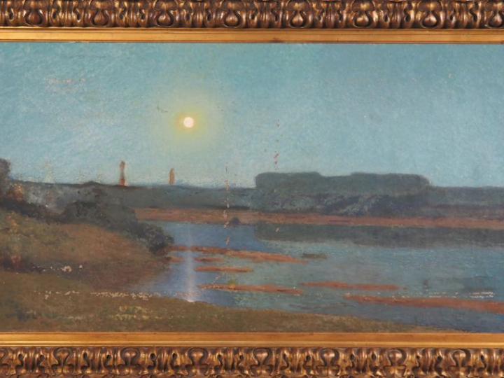 Paul COSTES. "Crépuscule en bord de mer". Grande huile sur toile, sign