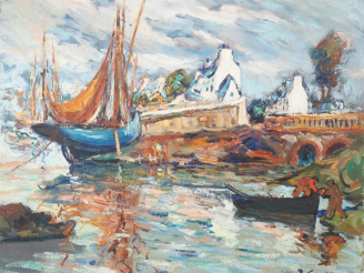 Vente aux enchères J. CROZES.  "pêcheur au bord du rivage" Huile sur toile, signée en bas