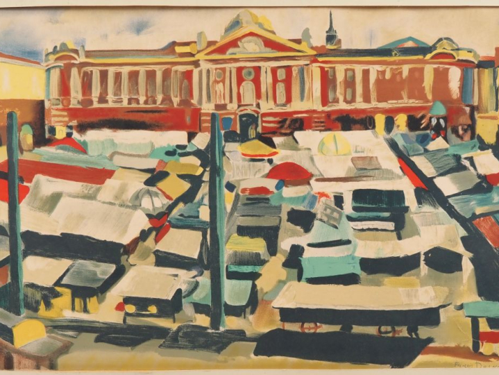François DESNOYER. "La place du capitole à Toulouse". Lithographie, si