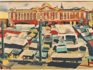 Vente aux enchères François DESNOYER. "La place du capitole à Toulouse". Lithographie, si