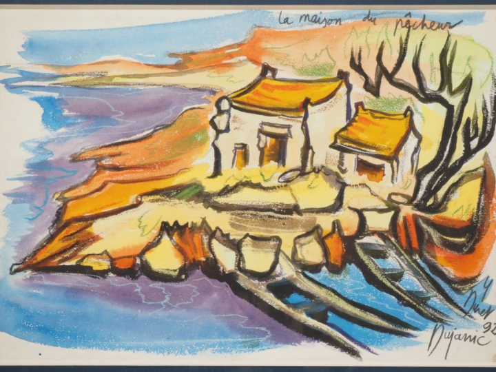 Isabelle DURET-DUJARRIC. "la maison du pêcheur" Aquarelle, signée en b