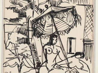 Vente aux enchères Raymond ESPINASSE.  "nue au parasol" Dessin signé en bas à gauche et d