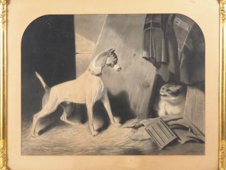 Vente aux enchères FREGER. "Chien et chat". Dessin signé en bas à droite et daté 1860. Di