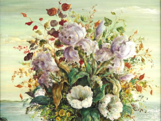 Vente aux enchères Anna GAEL. "les Iris mauves" Huile sur toile, signée en bas à droite D