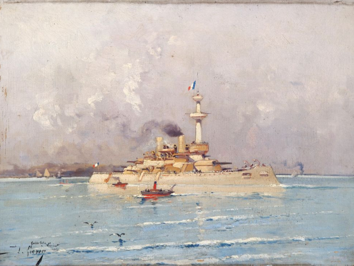 Eugène GALIEN-LALOUE. "Le cuirassé à Lorient". Huile sur toile signée 