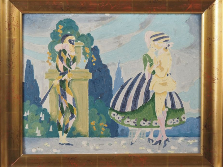 Georges GAUDION.  "Elégantes au bal masqué" Huile sur carton, signée e