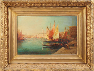 Vente aux enchères P. GILLINI. "Le port à Venise". Huile sur panneau, signée en bas à dro