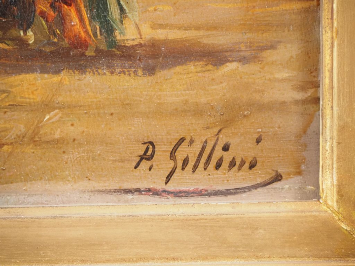 P. GILLINI. "Le port à Venise". Huile sur panneau, signée en bas à dro