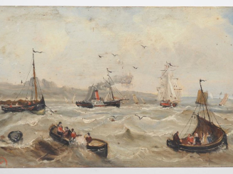 Vente aux enchères A. GINS.  "Marine" Huile sur panneau, signée en bas à gauche Dim. 21,5