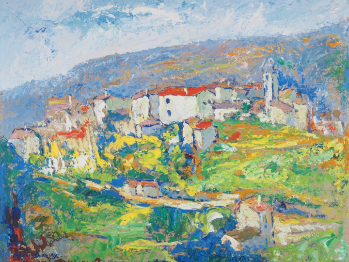 Christiane KOROCHANSKY. "Village de Castillon, Alpes maritimes" Huile 