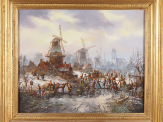 Vente aux enchères Jozef KOVACS. "Village du nord animé". Huile sur toile, signée en bas 