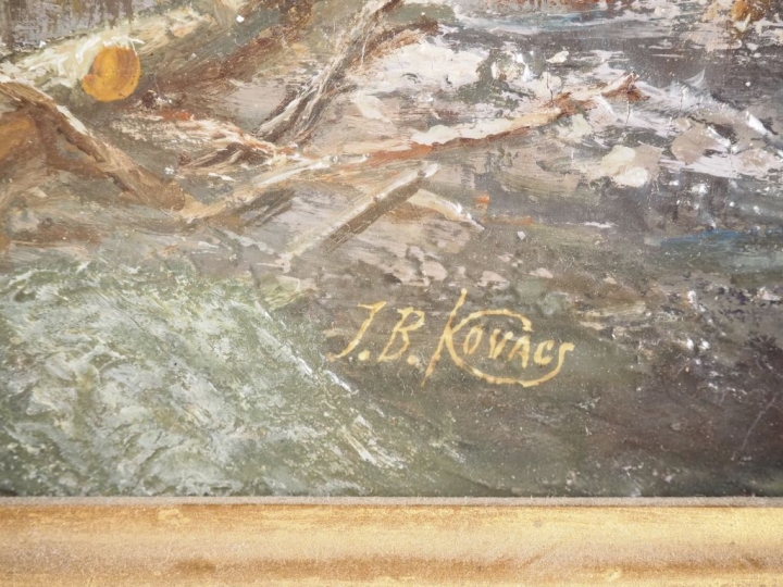 Jozef KOVACS. "Village du nord animé". Huile sur toile, signée en bas 
