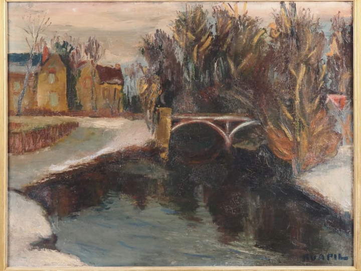 Charles KVAPIL. "Le pont à Villers".  Huile sur toile, signée en bas à