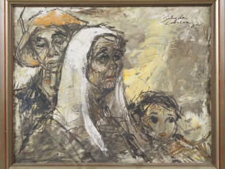 Vente aux enchères LABREOU.  "portrait de famille" Huile sur toile, marouflée signée en h