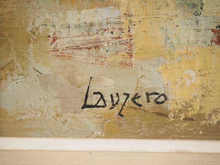 LAUZERO. "Village en bord de lac" Huile sur toile, signée en bas à gau