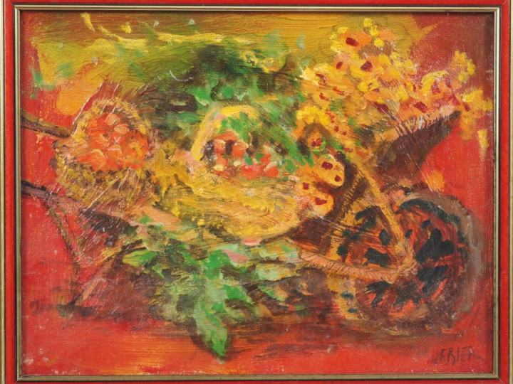Daniel LEBIER. "Brouette de fleurs". Huile sur toile signée en bas à d