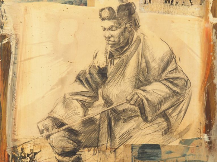 Emmanuel MICHEL.  "le chasseur" Technique mixte, signée en bas à droit