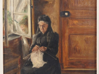 Vente aux enchères A. MORIZET. "Portait de femme à l'ouvrage". Huile sur toile, signée en