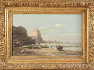 Vente aux enchères Henri MOSNY. "Rivage animé". Huile sur toile, signée en bas à droite. 