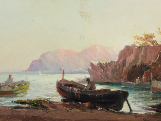 Vente aux enchères Louis NATTERO (1870-1915) "Barque de pêcheurs dans les calanques". Hui