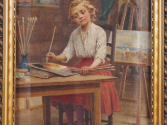 Vente aux enchères César PATTEIN.  "la fille de l'artiste dans l'atelier" Huile sur toile