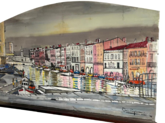 Vente aux enchères Rémy PEYRANNE. "le port de Sète"  Peinture sur miroir, signée en bas à