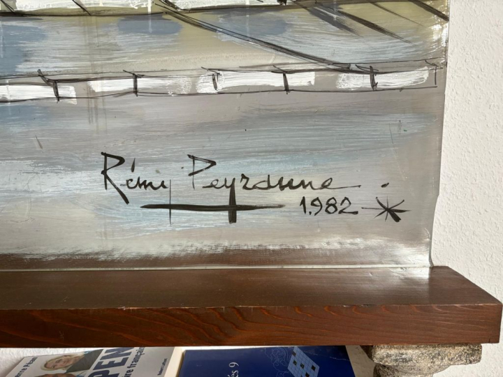 Rémy PEYRANNE. "le port de Sète"  Peinture sur miroir, signée en bas à