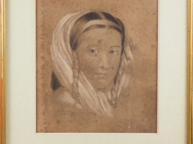 Cyrie PISTRE. "Portrait de jeune femme aux nattes". Dessin signé et da