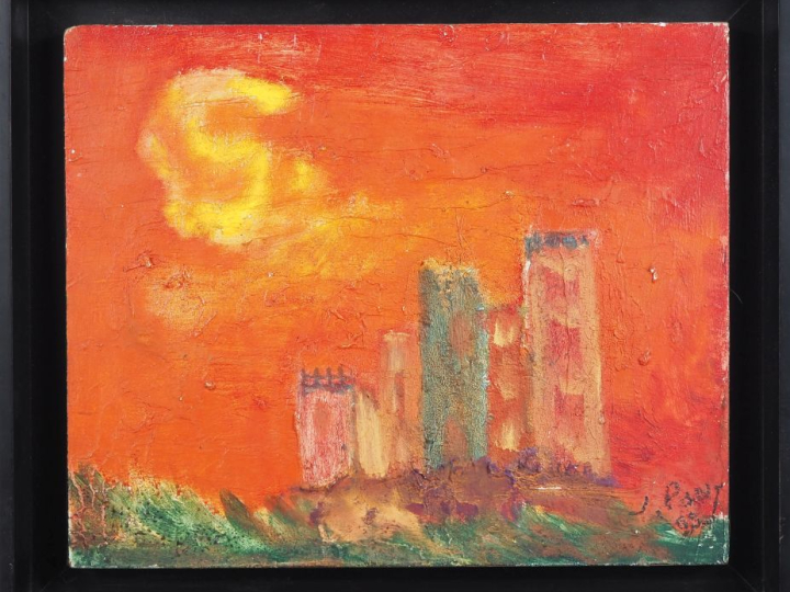 Jean PONS.  "Architecture" Huile sur panneau, signée en bas à droite D