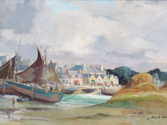 Vente aux enchères Jim. E. SEVELLEC.  "Barques de pêche au mouillage en Bretagne" Huile s