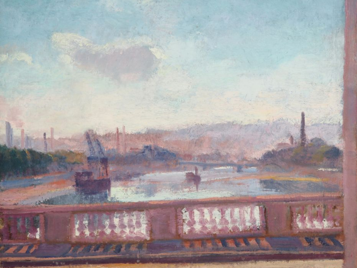 Edmond SIGRIST.  "la Seine vue du pont d'Auteuil" Huile sur toile, sig