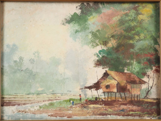 Vente aux enchères SOUDRITH. "Paysage exotique animé". Huile sur toile, signée en bas à d