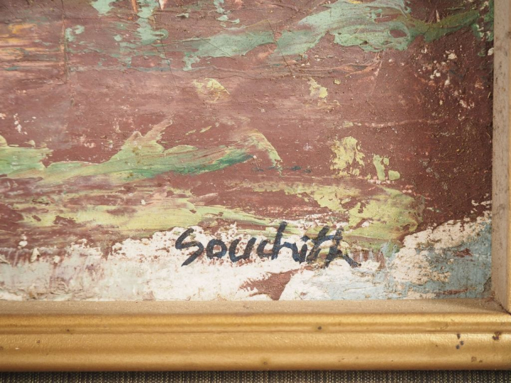 SOUDRITH. "Paysage exotique animé". Huile sur toile, signée en bas à d