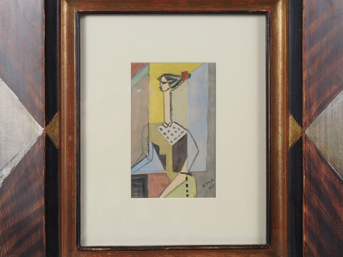 K. STOYA. "Portrait de femme cubiste". Aquarelle gouachée, signée et d