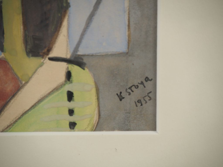 K. STOYA. "Portrait de femme cubiste". Aquarelle gouachée, signée et d