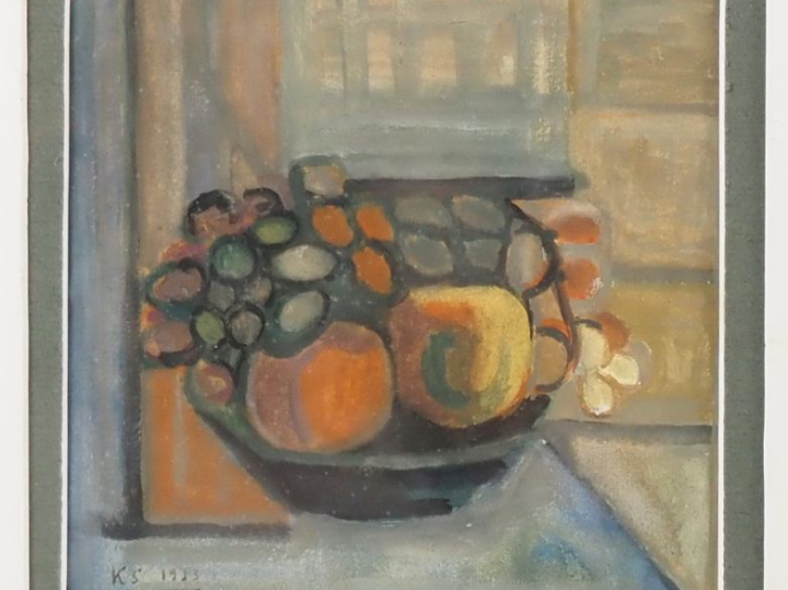 K. STOYA. "Nature morte à la coupe de fruits". Aquarelle gouachée sign