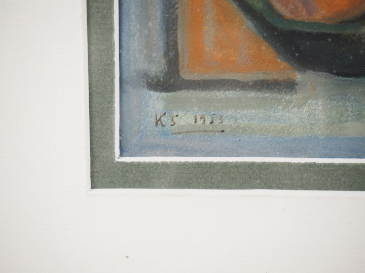 K. STOYA. "Nature morte à la coupe de fruits". Aquarelle gouachée sign